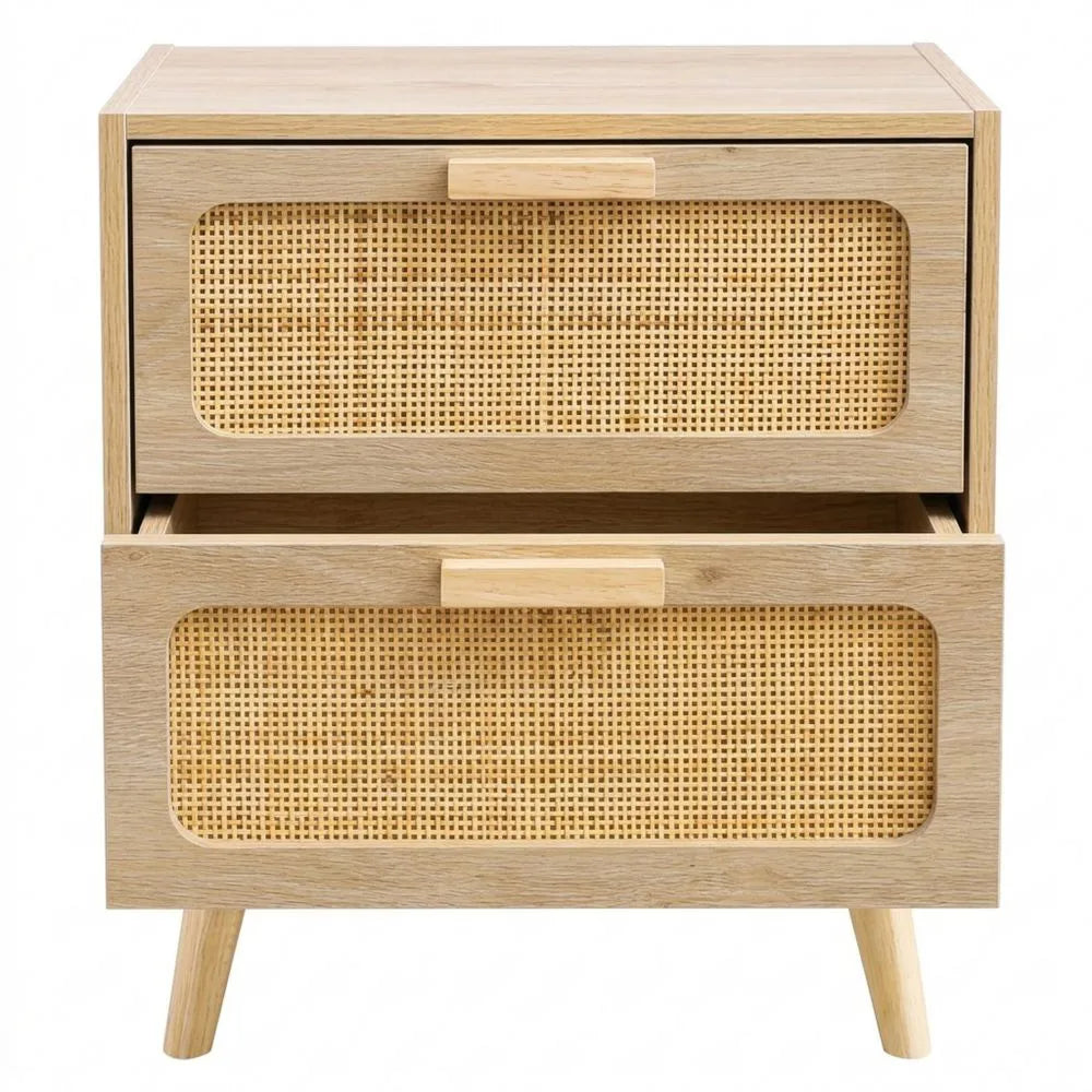 Nachttisch aus Holz mit Rattan-Schubladen für Wohnzimmer oder Schlafzimmer