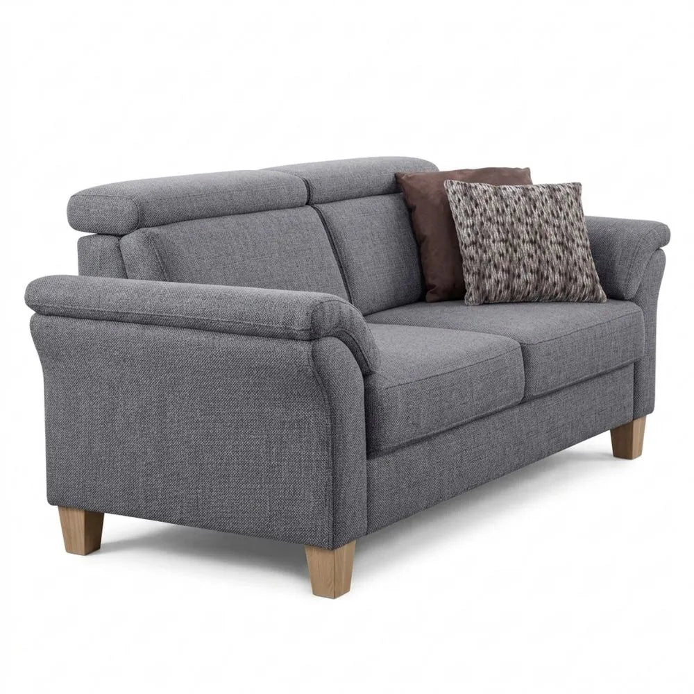 3-Sitzer Sofa im Landhausstil mit verstellbaren Kopfstützen und Federkern, grauer Strukturstoff, 186x84x93 cm