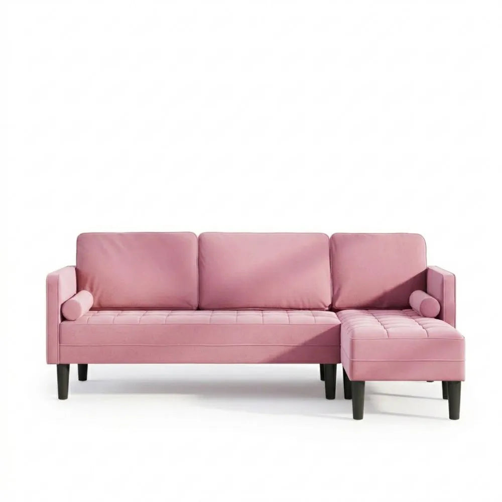 Rosa 3-Sitzer Sofa mit Chaiselongue, Modern für Wohnzimmer, Ergonomisches Design mit Holzrahmen