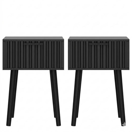 Moderner Nachttisch mit Massivholzbeinen und geriffelten Fronten, 2er Set, Schwarz