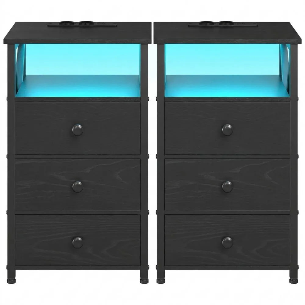 Moderner Nachttisch mit LED und Ladestation, 4-stufiger Beistelltisch mit Schubladen und offenem Regal, Schwarz