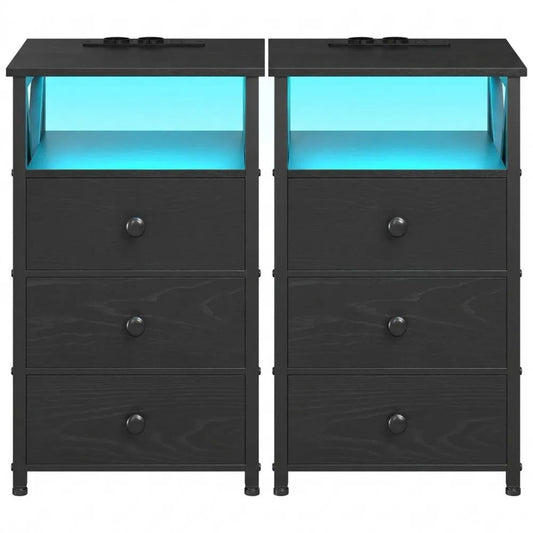 Moderner Nachttisch mit LED und Ladestation, 4-stufiger Beistelltisch mit Schubladen und offenem Regal, Schwarz