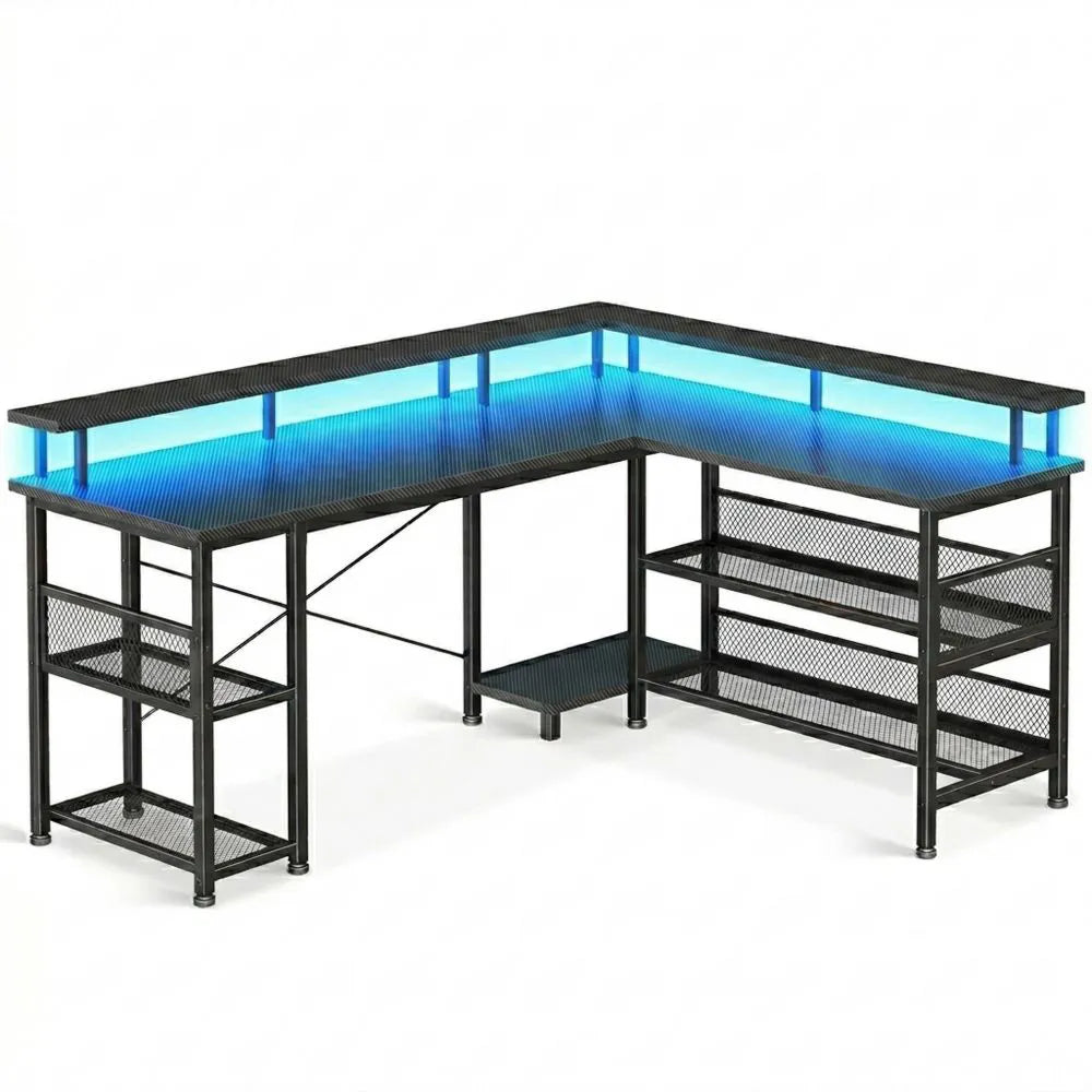 Großer Eck-Gaming-Tisch mit LED und USB-Anschlüssen, Kohlefaser