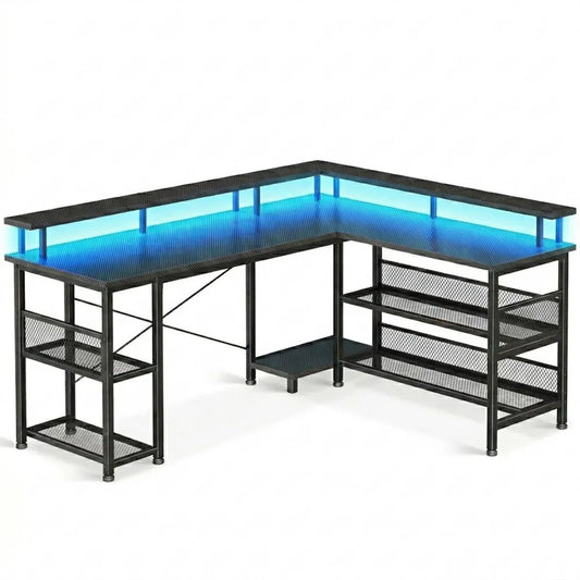 Großer Eck-Gaming-Tisch mit LED und USB-Anschlüssen, Kohlefaser